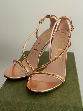 Gucci Rose Gold Metallic Chain-Strap High Heel Sandals